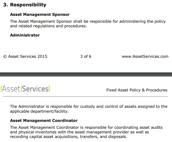 An example of an asset management policy Roles and Responsibilities section.