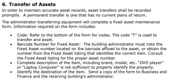 An example of an asset management policy Transfers section.
