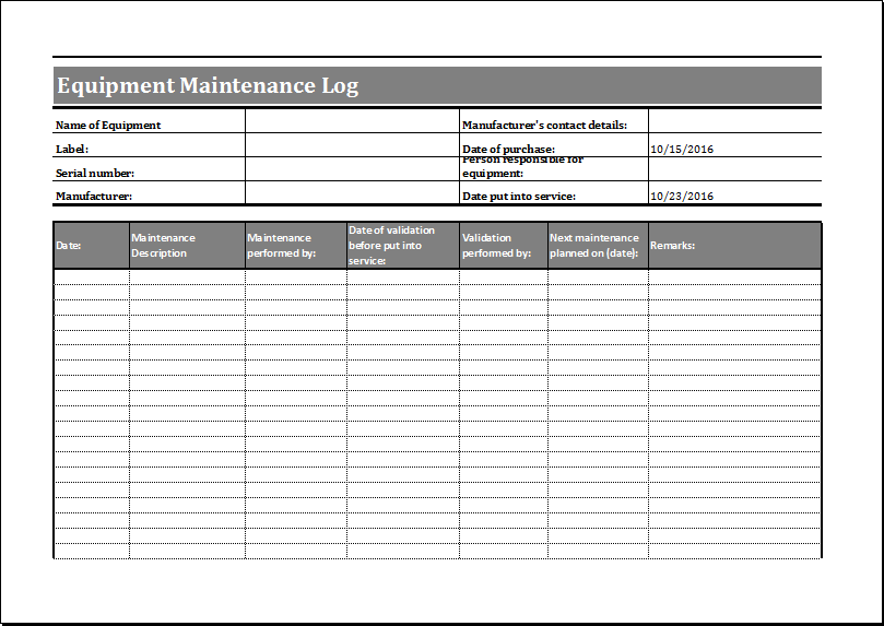 Equipment Maintenance Log Template Word