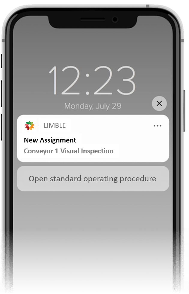 Phone notification that says, "New Assignment: Conveyor 1 Visual Inspection" with a button to open the standard operating procedure