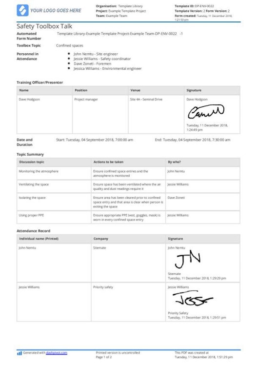 safety toolbox talk template