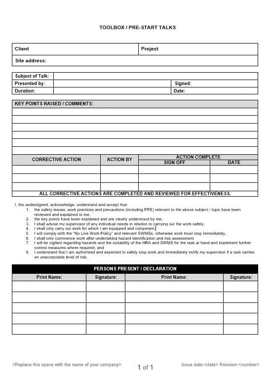 Toolbox Talk Toolbox Briefing Record Health & Safety Injury