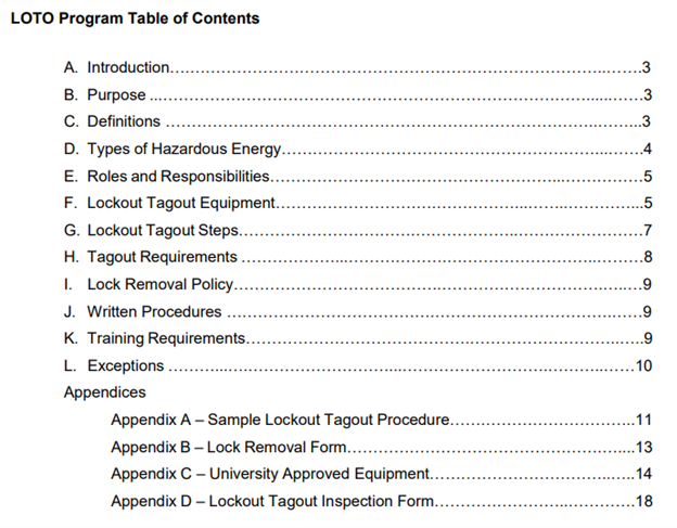 UCCS LOTO program content table