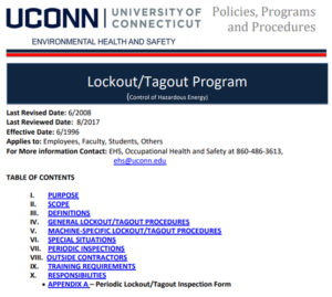 UCONN LOTO program content table