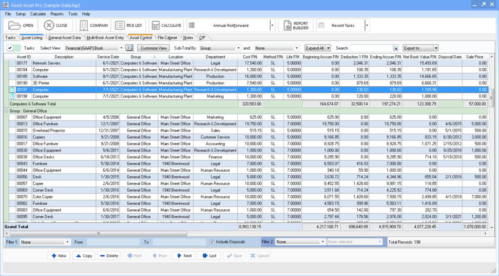 An example of a fixed asset register built using specialized software called MoneySoft.