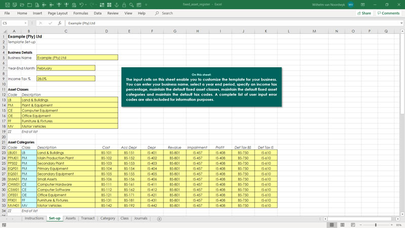 An example of a fixed asset register template in Excel.
