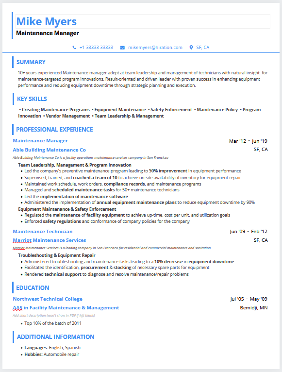 How To Write A Maintenance Manager Resume (Sample Included)